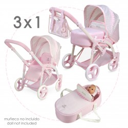 Chariot De Poupée Pliable DeCuevas Provence Avec Parasol - Poussette Rose, Blanche, Bleue - Guidon Réglable, Sac Panier Inclus - Pour Poupées Jusqu'à Environ 53cm